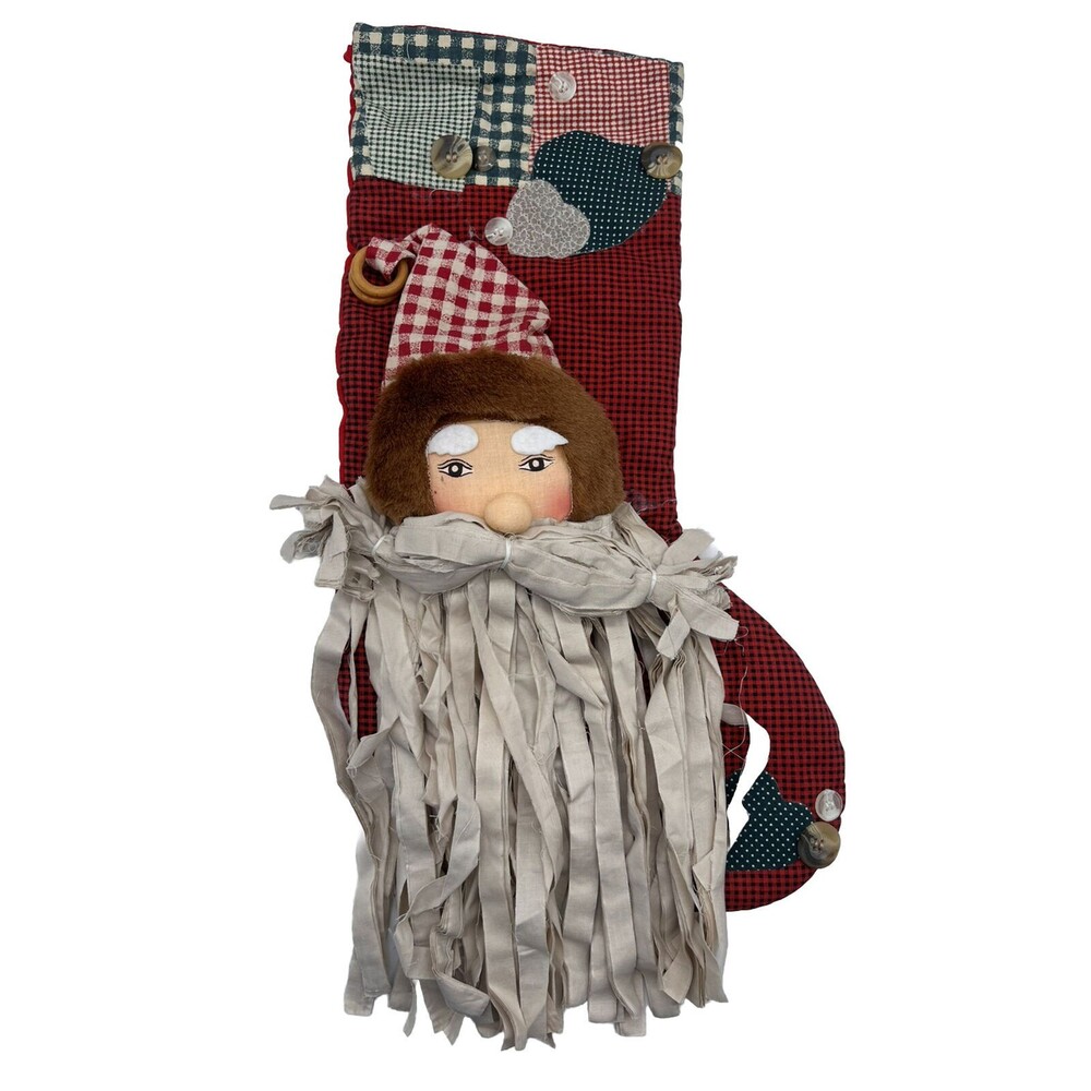 3D Patchwork Buttons Primitive Santa Christmas Stocking Folk Art Holiday 16-18”
